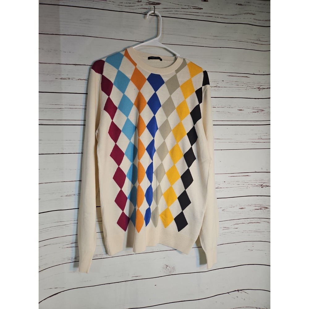 Bertolo Italy Mens‎ Argyle Wool Cotton Sweater Cream Multi Color Diamond Size 50